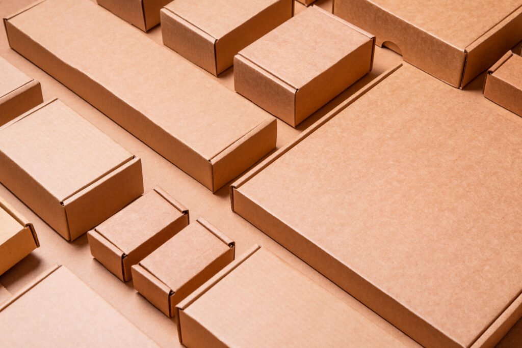 set of brown craft cardboard boxes, background